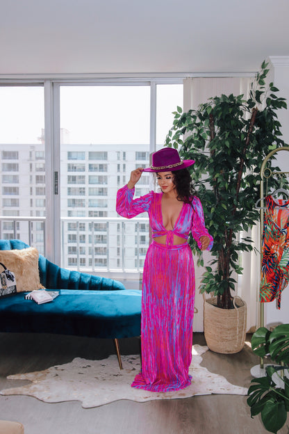 Maxi Skirt Set: Miami Vibing Long Sleeve Pink Color