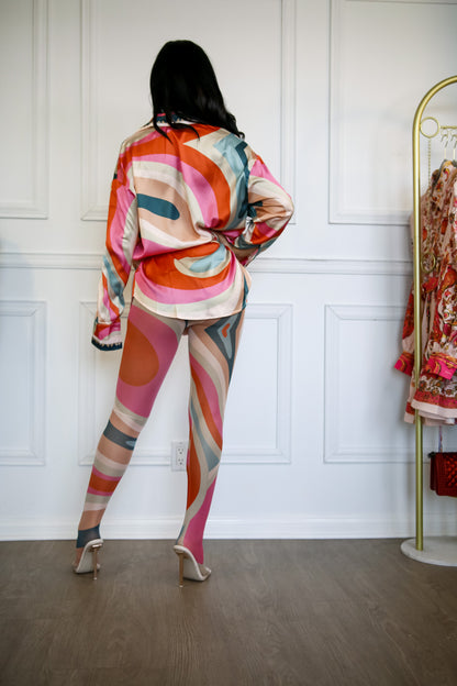 Button Down Shirt and Mesh Printed Scarf Tights Set: Rule Breaker
