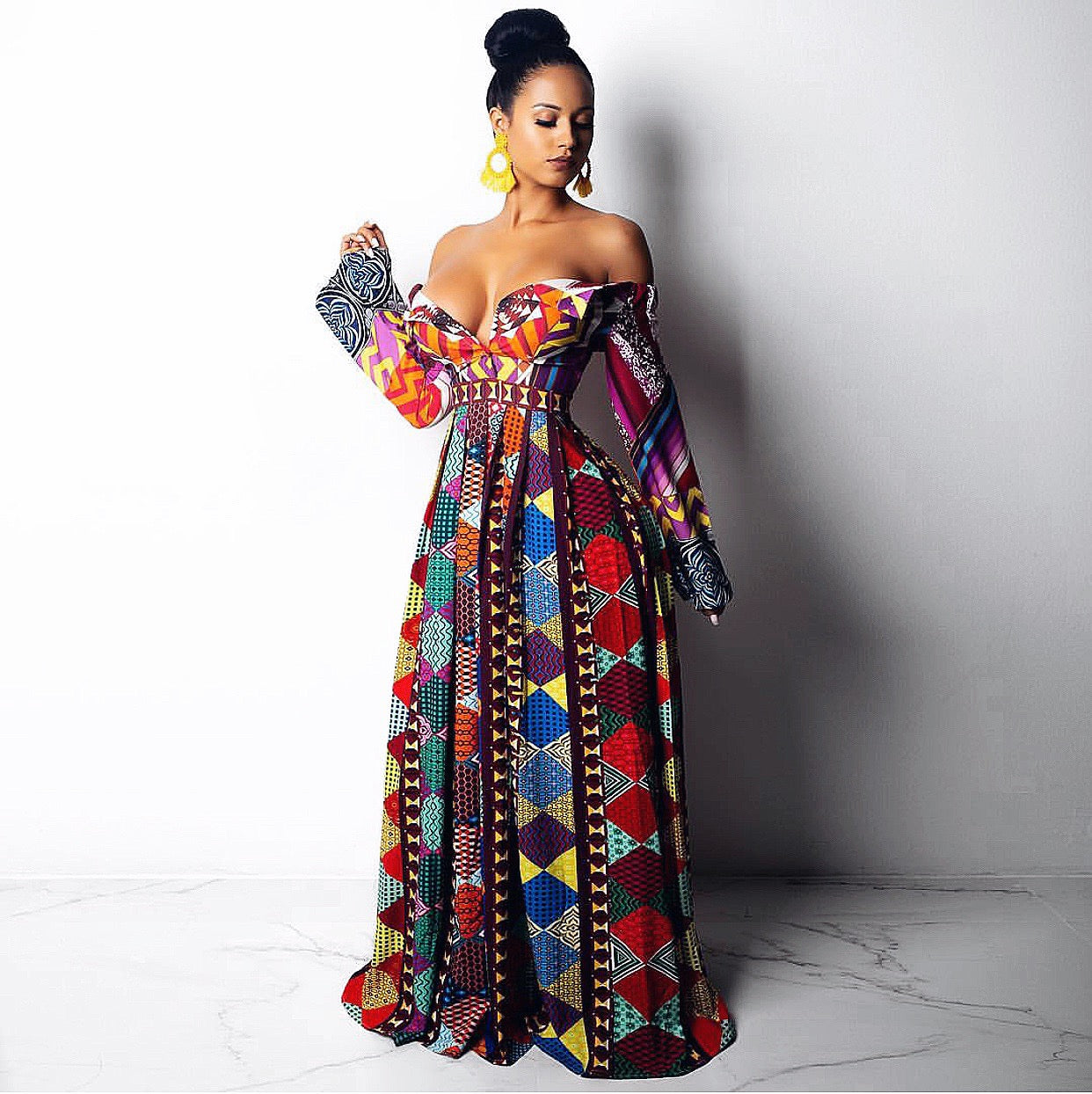 African Print Off Shoulder Dress: Soleil Brilliant Long Sleeve