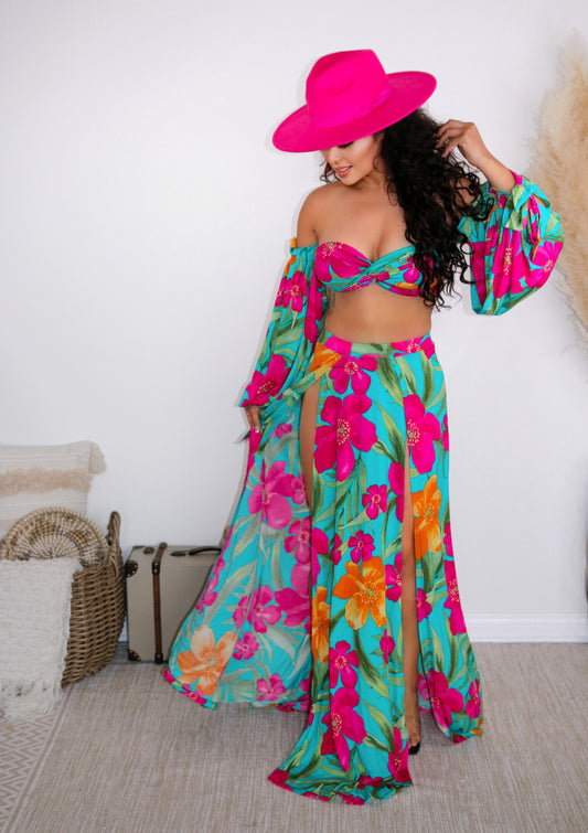 Tankini With a Skirt: Tropical Paradise 3 Piece Set in Blue & Pink