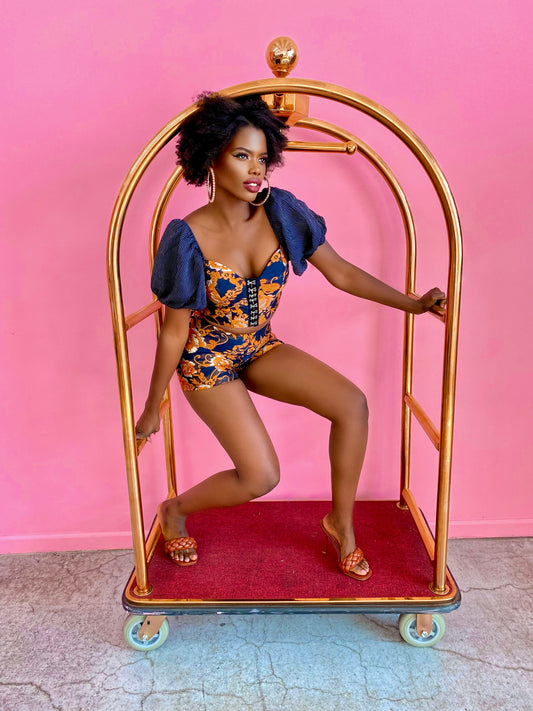 Corset Short Set: Jacquard Floral with Puff Sleeves