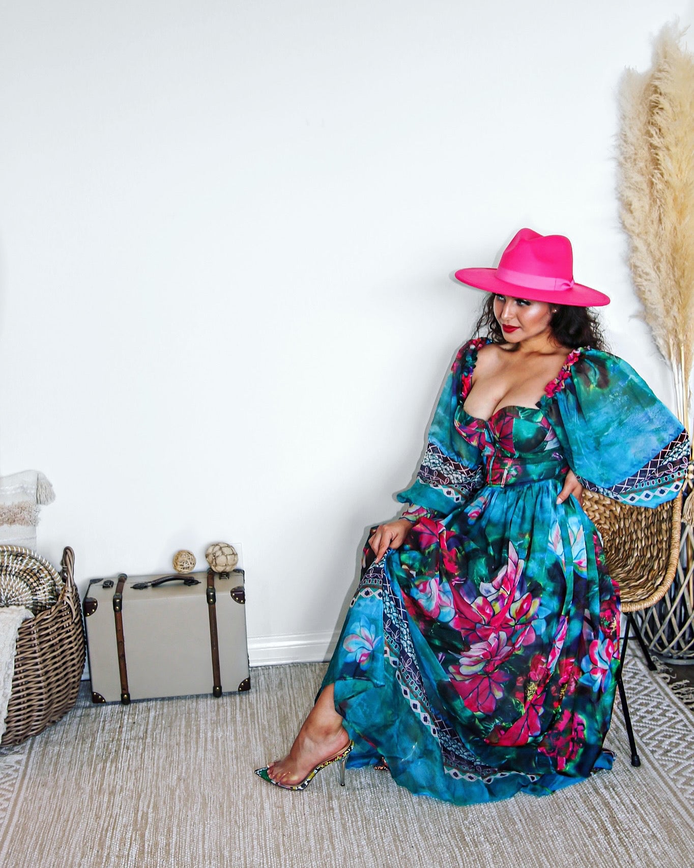 Full Length Floral Dress: Pretty Senorita Emerald Pattern