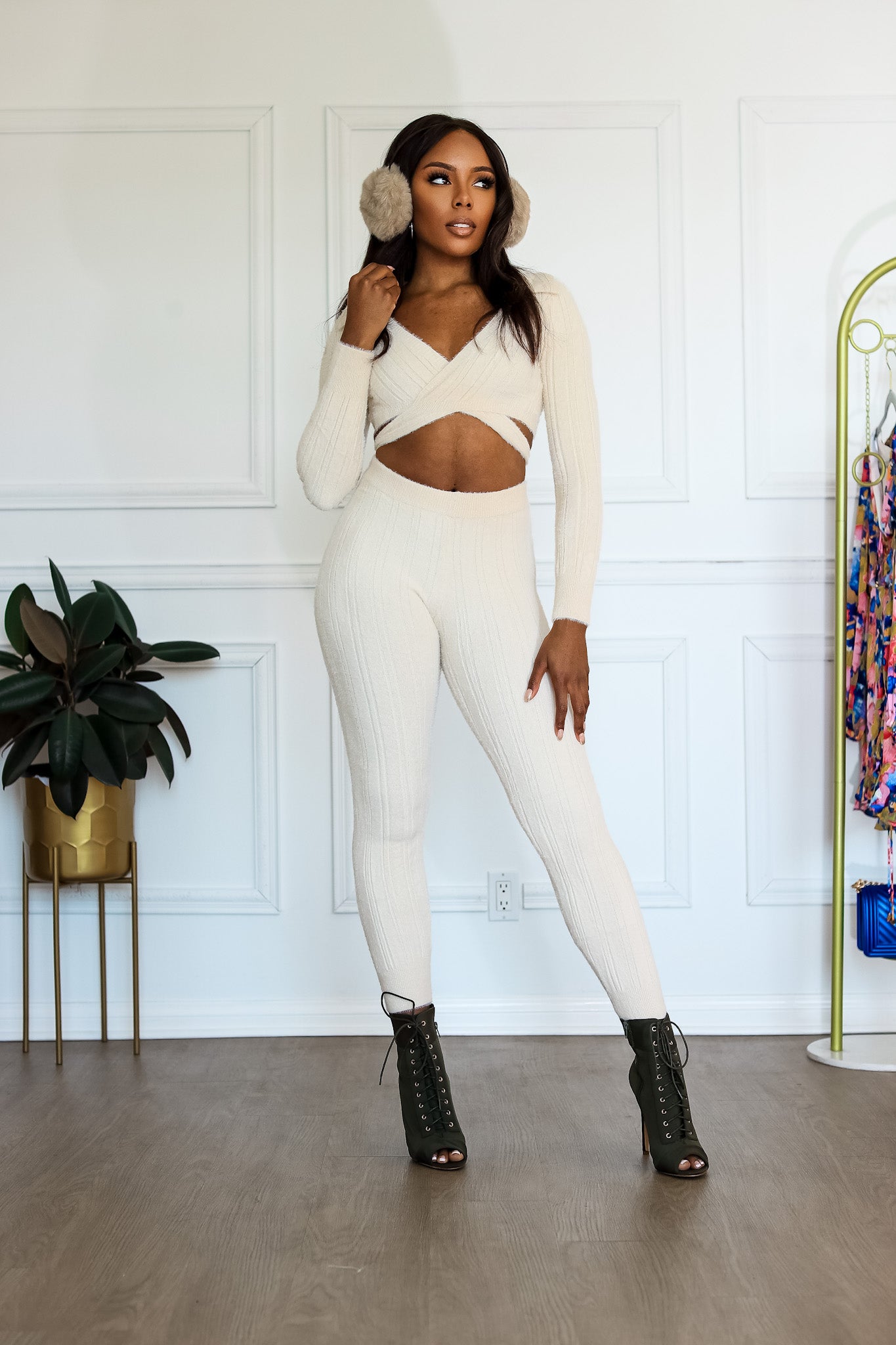 Long Sleeve Crop Top & Pant Set: Glam it Up Rib Knit Front Tie in Ivory