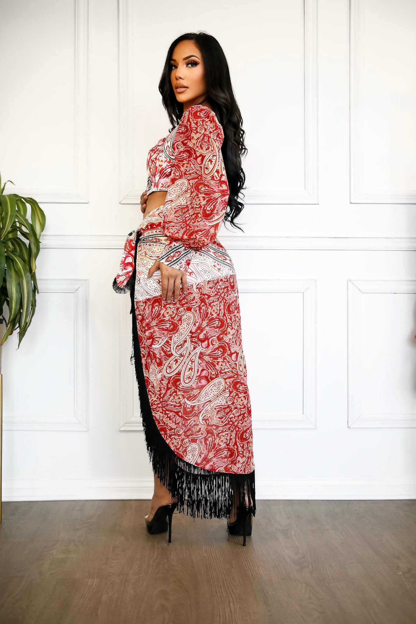 Top and Wrap Set: Show Stopper Crop Top and Fringe High low Skirt