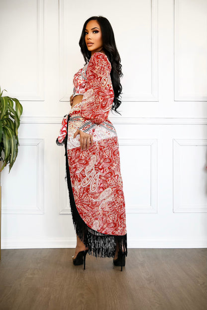 Top and Wrap Set: Show Stopper Crop Top and Fringe High low Skirt
