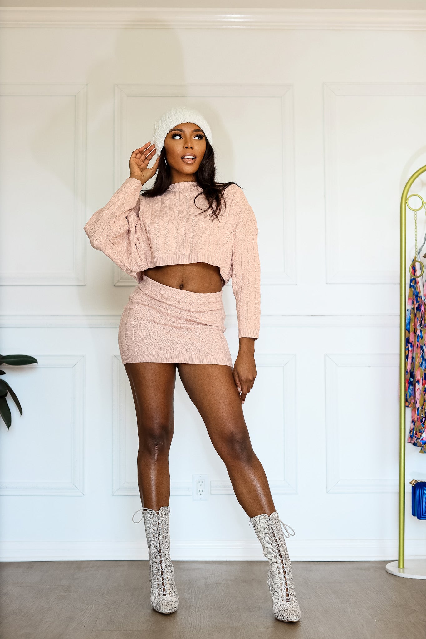 Knit Skirt and Top: Hold Me Tight Cable Knitted Set in Pink
