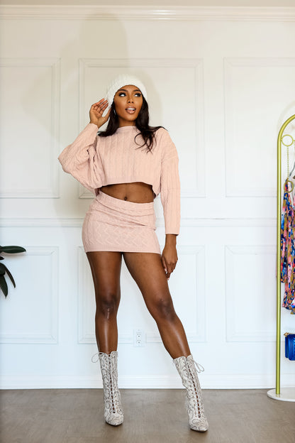 Knit Skirt and Top: Hold Me Tight Cable Knitted Set in Pink