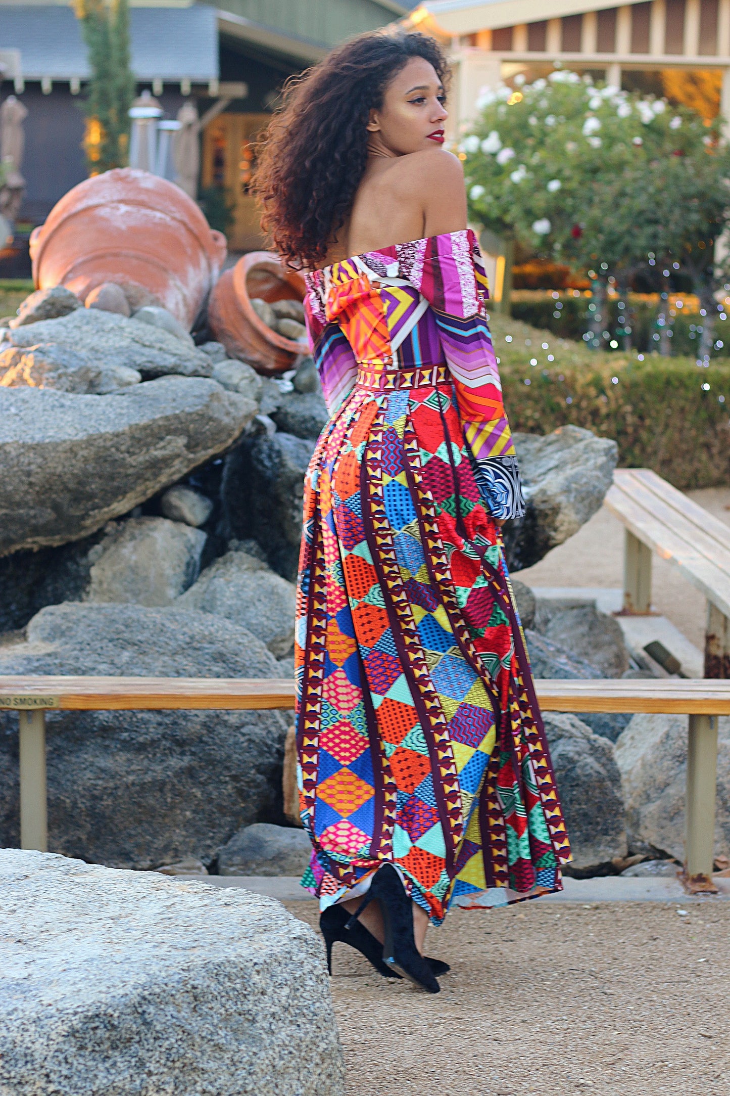 African Print Off Shoulder Dress: Soleil Brilliant Long Sleeve