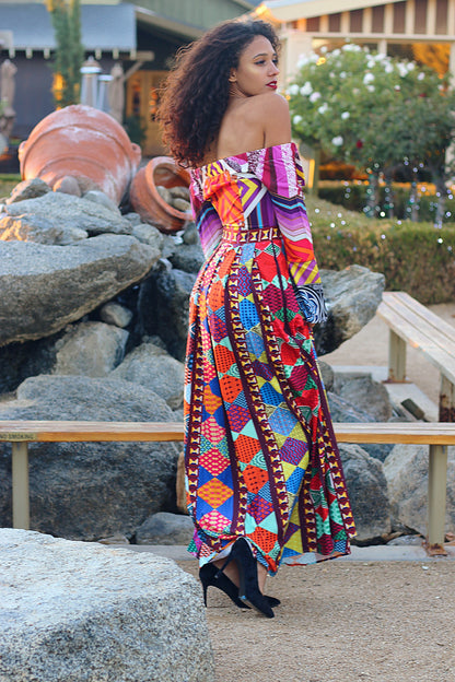 African Print Off Shoulder Dress: Soleil Brilliant Long Sleeve