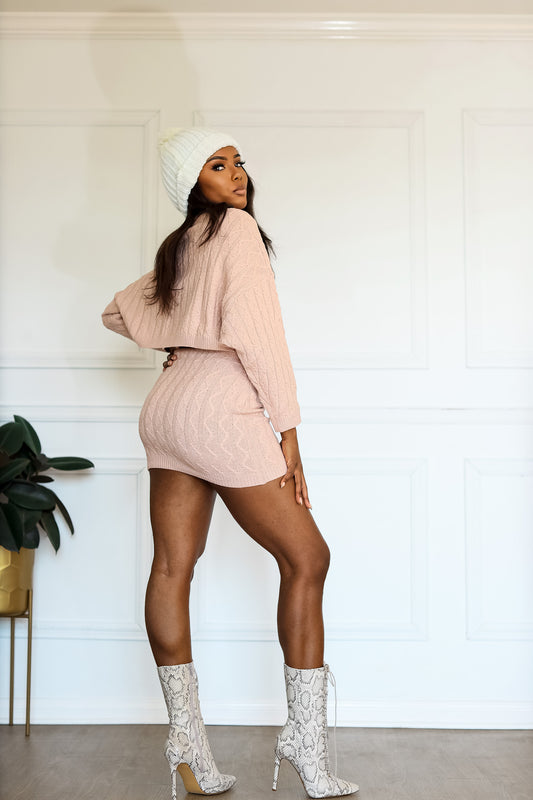 Knit Skirt and Top: Hold Me Tight Cable Knitted Set in Pink