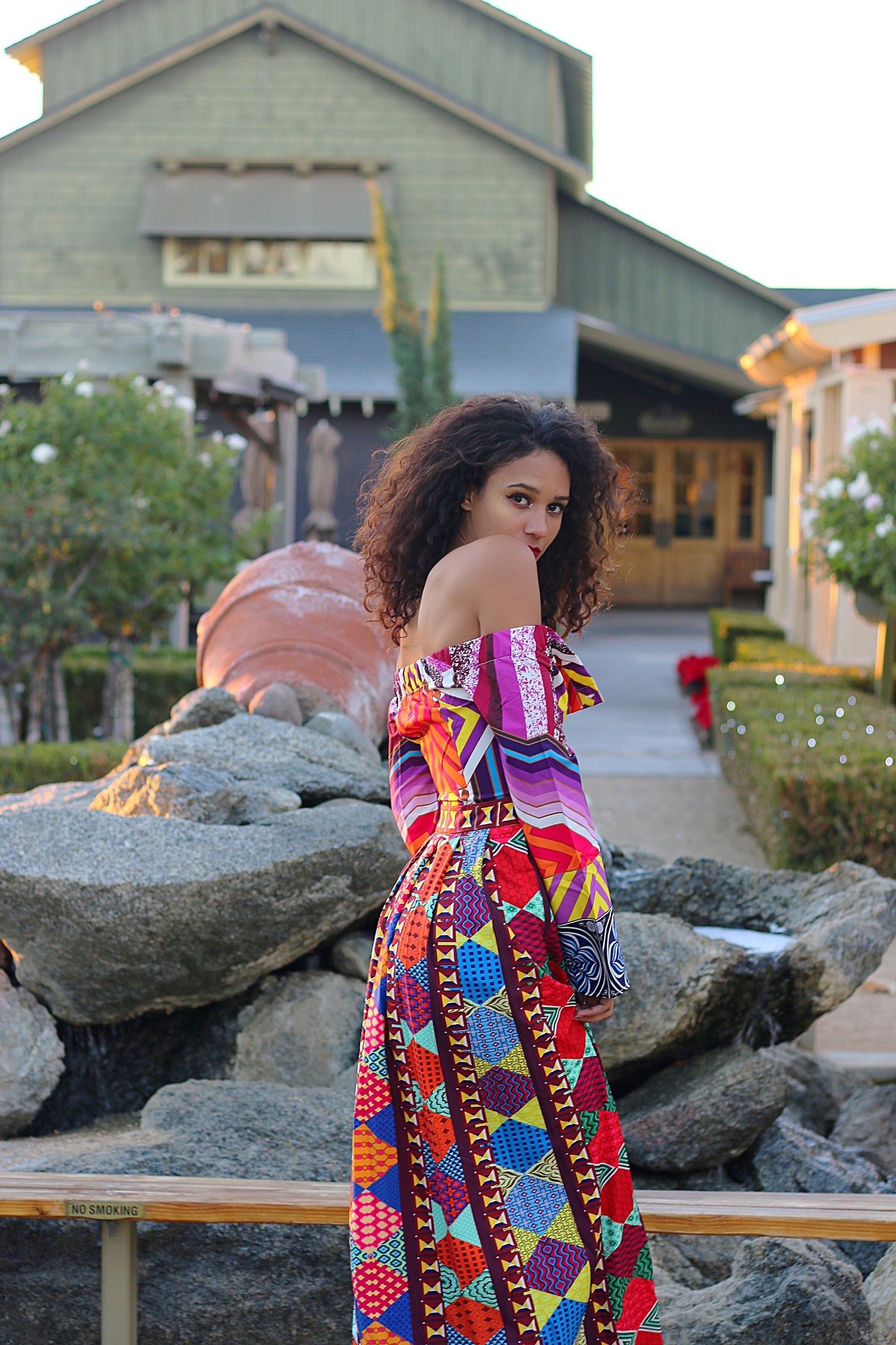 African Print Off Shoulder Dress: Soleil Brilliant Long Sleeve