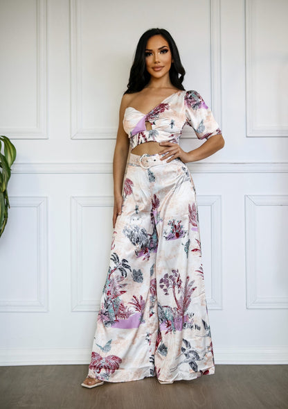 One Shoulder Top And Pants Set: Très Chic with Wide Leg