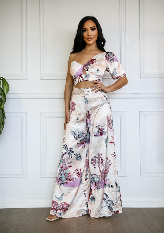 One Shoulder Top And Pants Set: Très Chic with Wide Leg