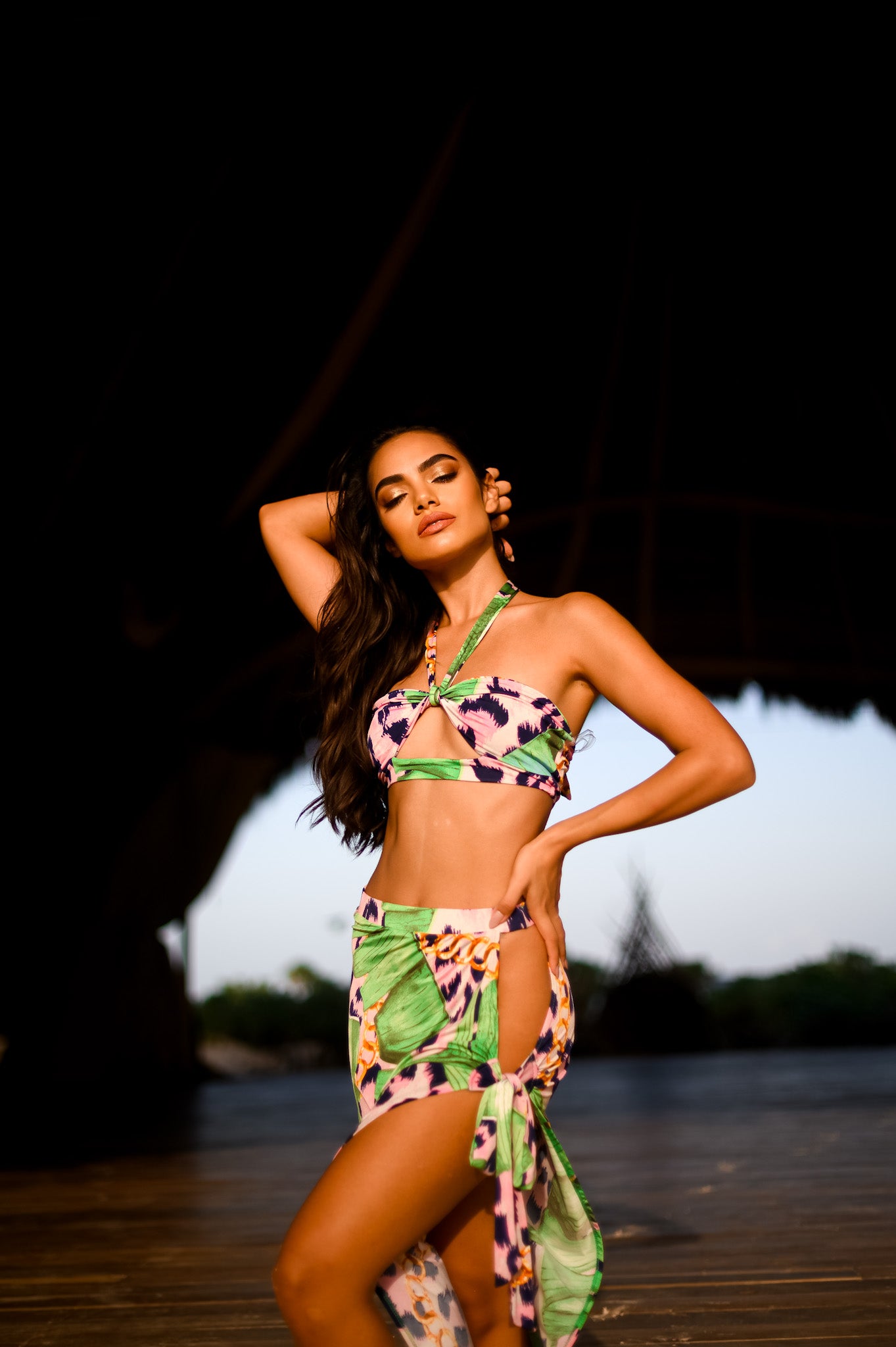 Skirt Set: Asymmetric Tropical Safari Mix Print Skirt & Top
