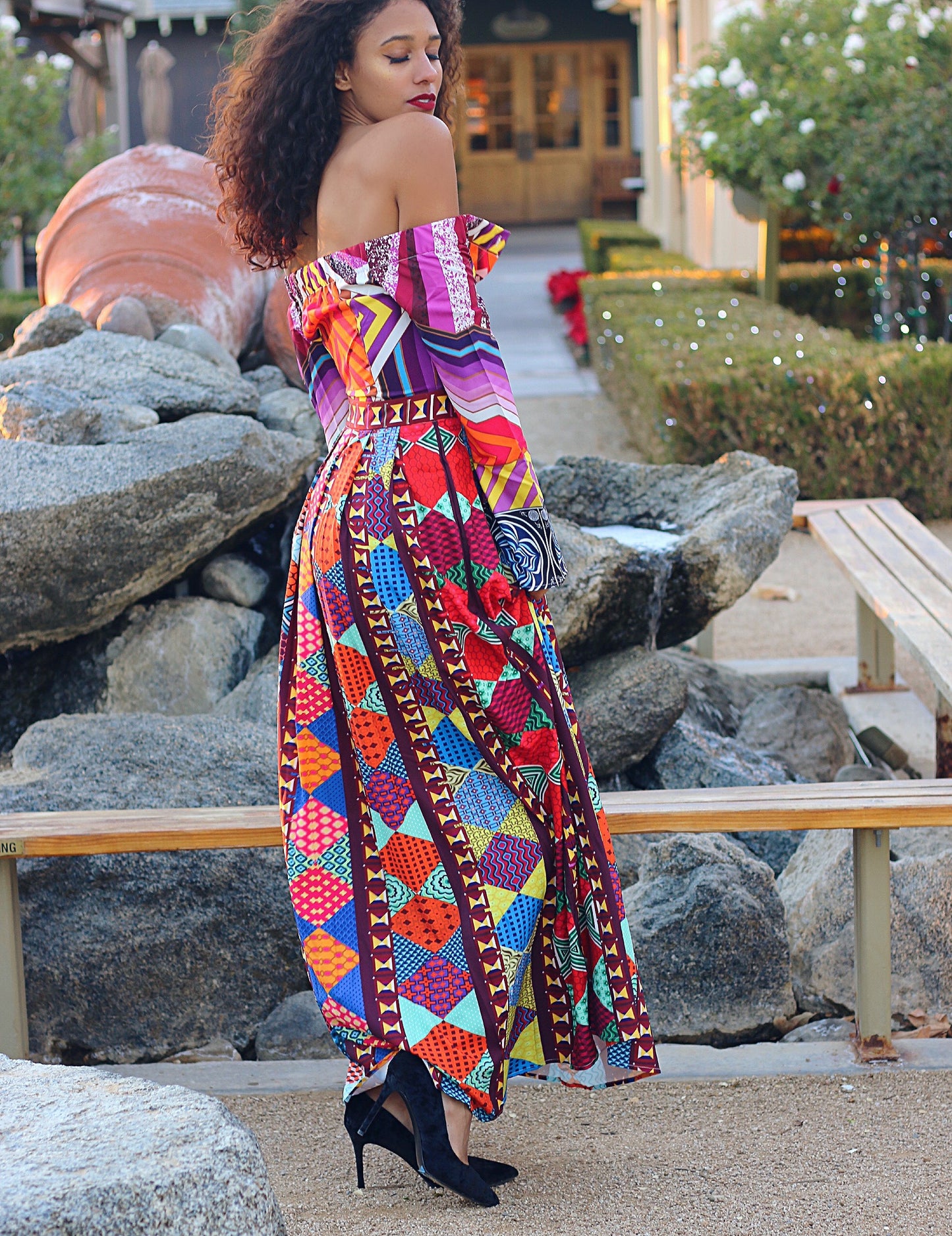 African Print Off Shoulder Dress: Soleil Brilliant Long Sleeve