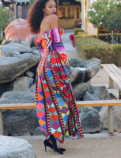 African Print Off Shoulder Dress: Soleil Brilliant Long Sleeve