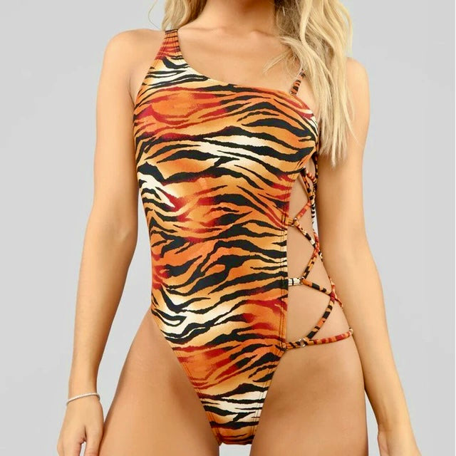 Exotic Tiger Print Asymmetrical One Piece Swimsuit