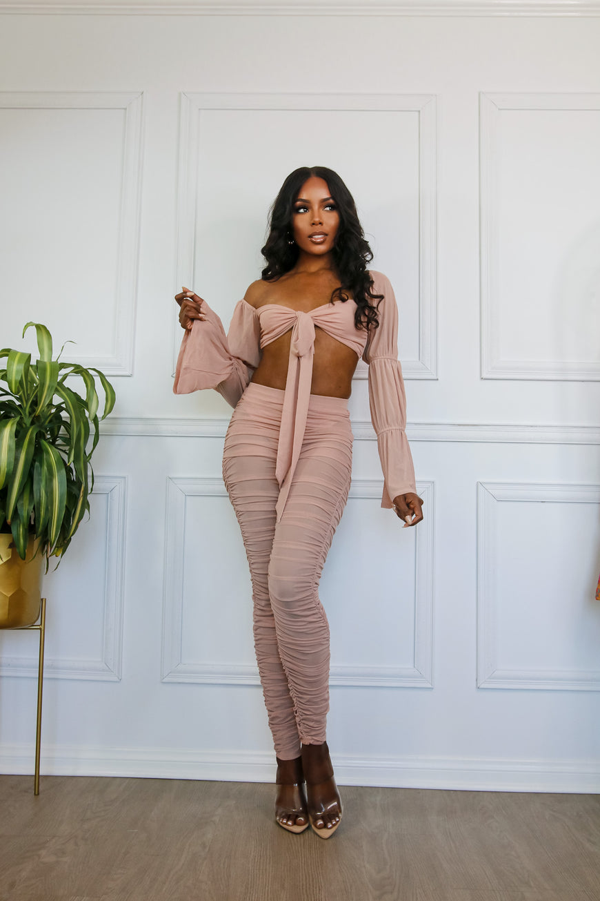 Beautiful Chaos Off Shoulder Blush Tie Front Crop & Ruched Pant Sets