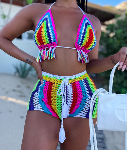 Two Piece Crochet Short Set: Tulum Fiesta Hippie Hand Made