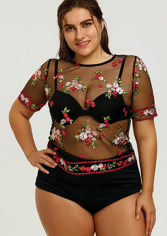 Plus Size Mesh Floral Embroidered Cover Up