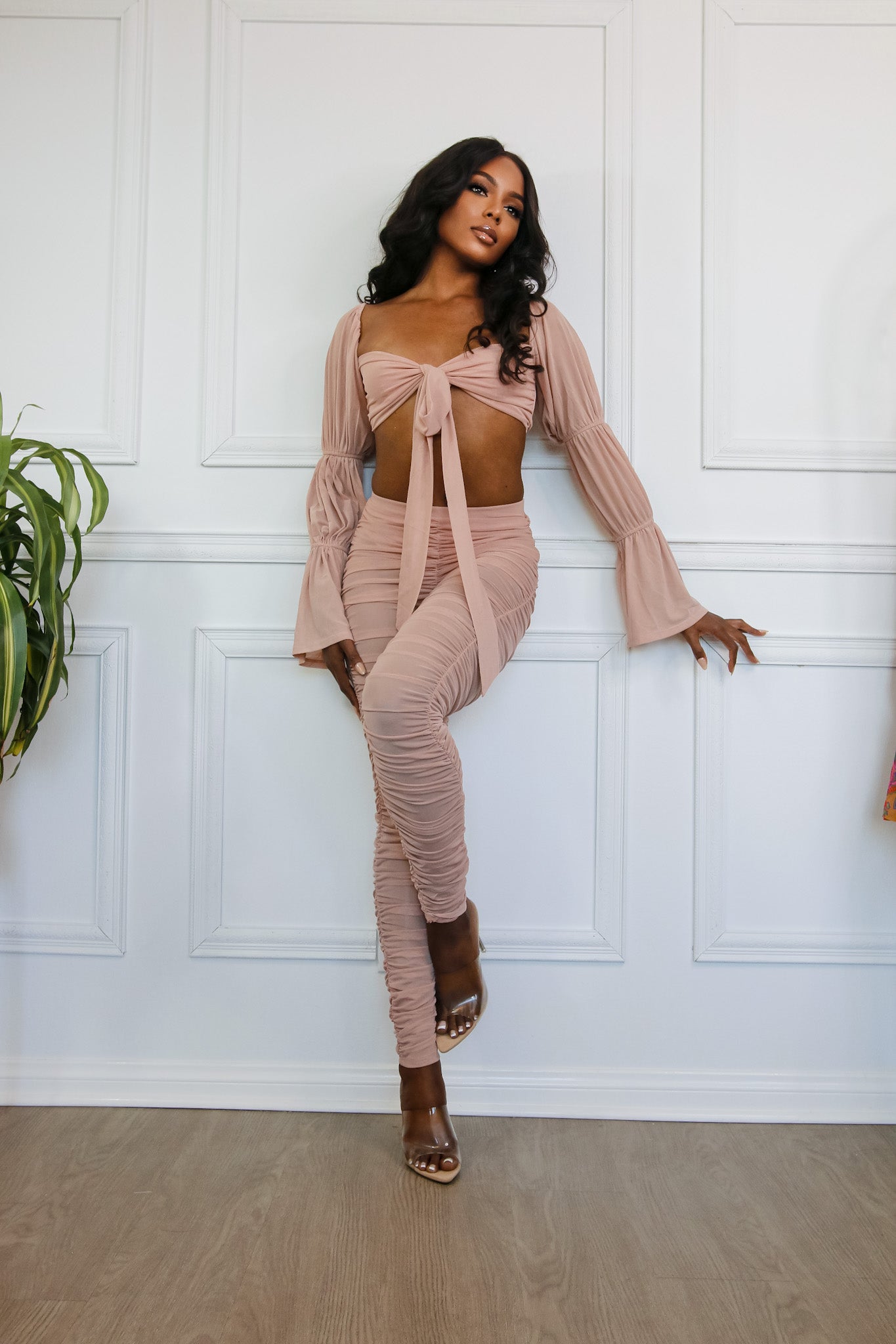 Crop Top & Pants Set: Beautiful Chaos Off Shoulder Tie Front in Pink