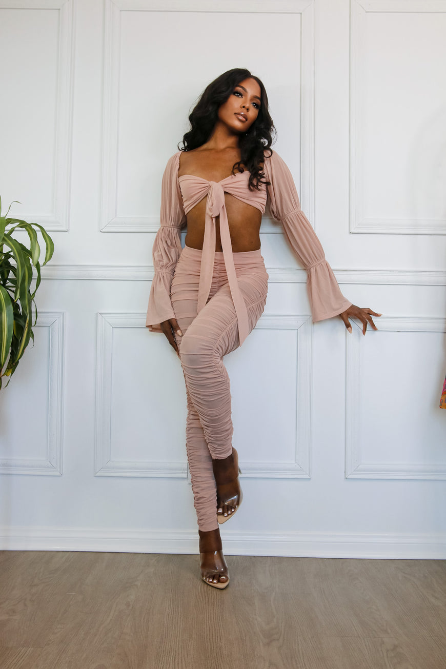 Beautiful Chaos Off Shoulder Blush Tie Front Crop & Ruched Pant Sets