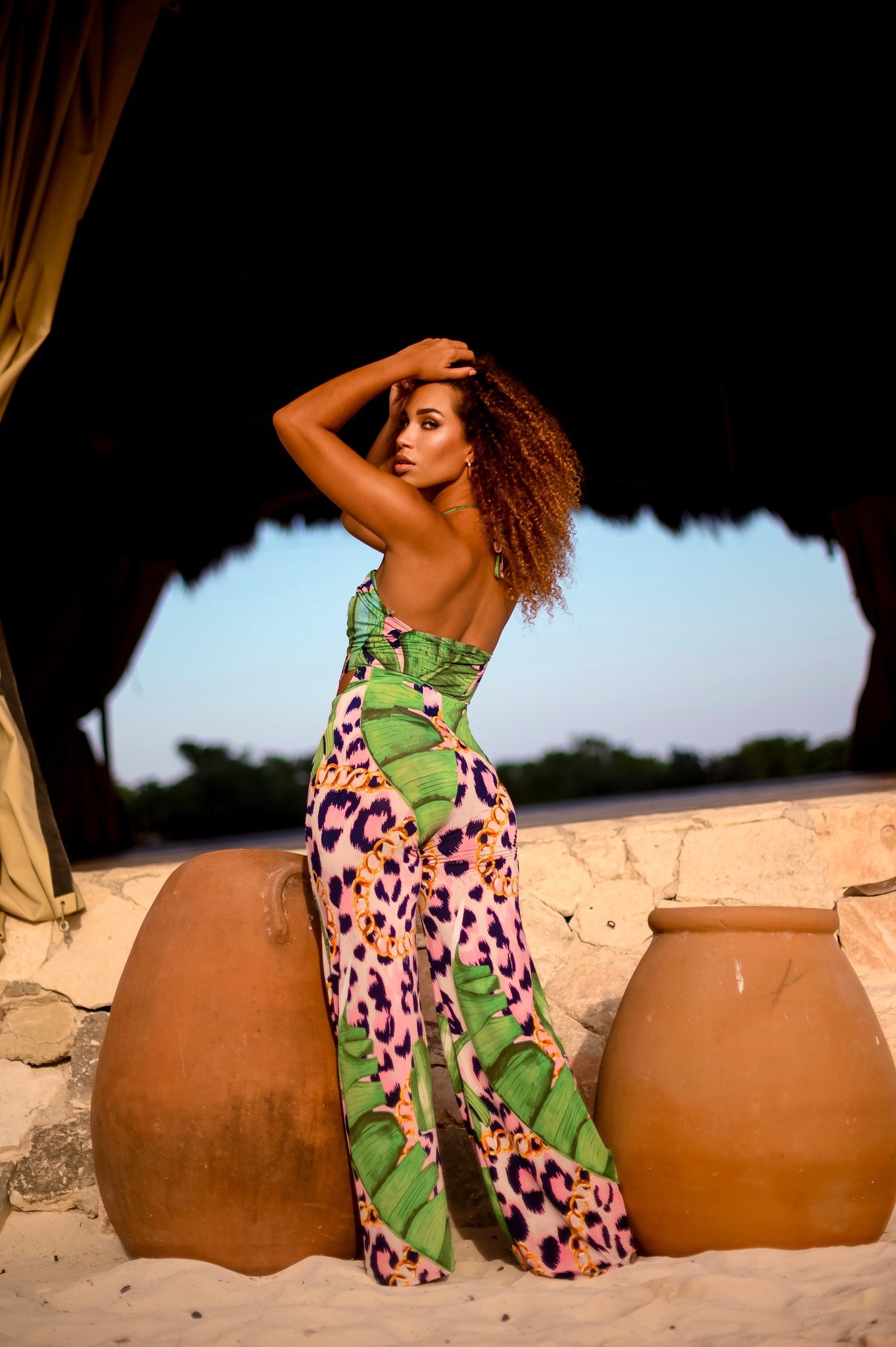 Halter Neck Jumpsuit: Tropical Safari Mix Print