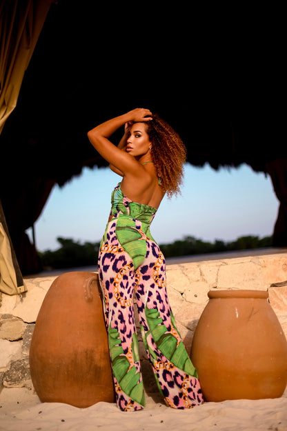 Halter Neck Jumpsuit: Tropical Safari Mix Print