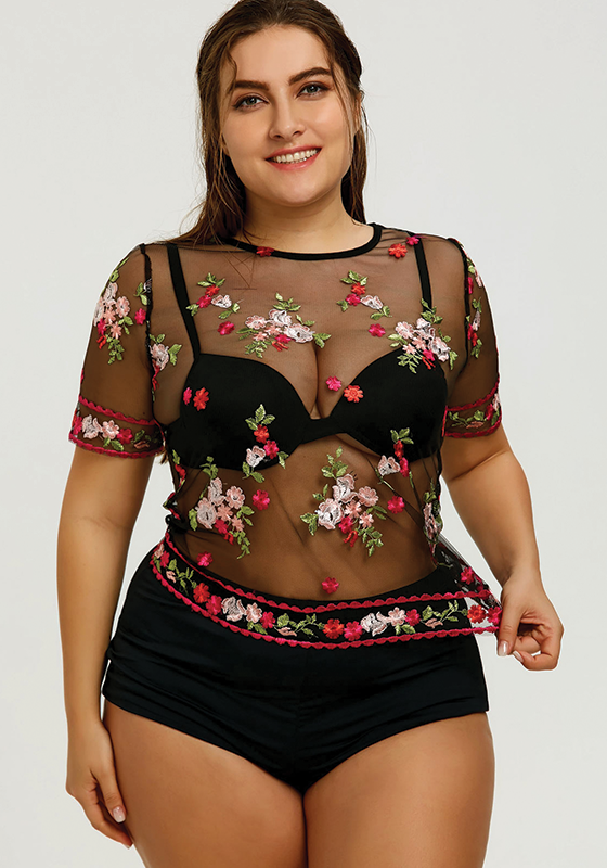 Plus Size Mesh Floral Embroidered Cover Up