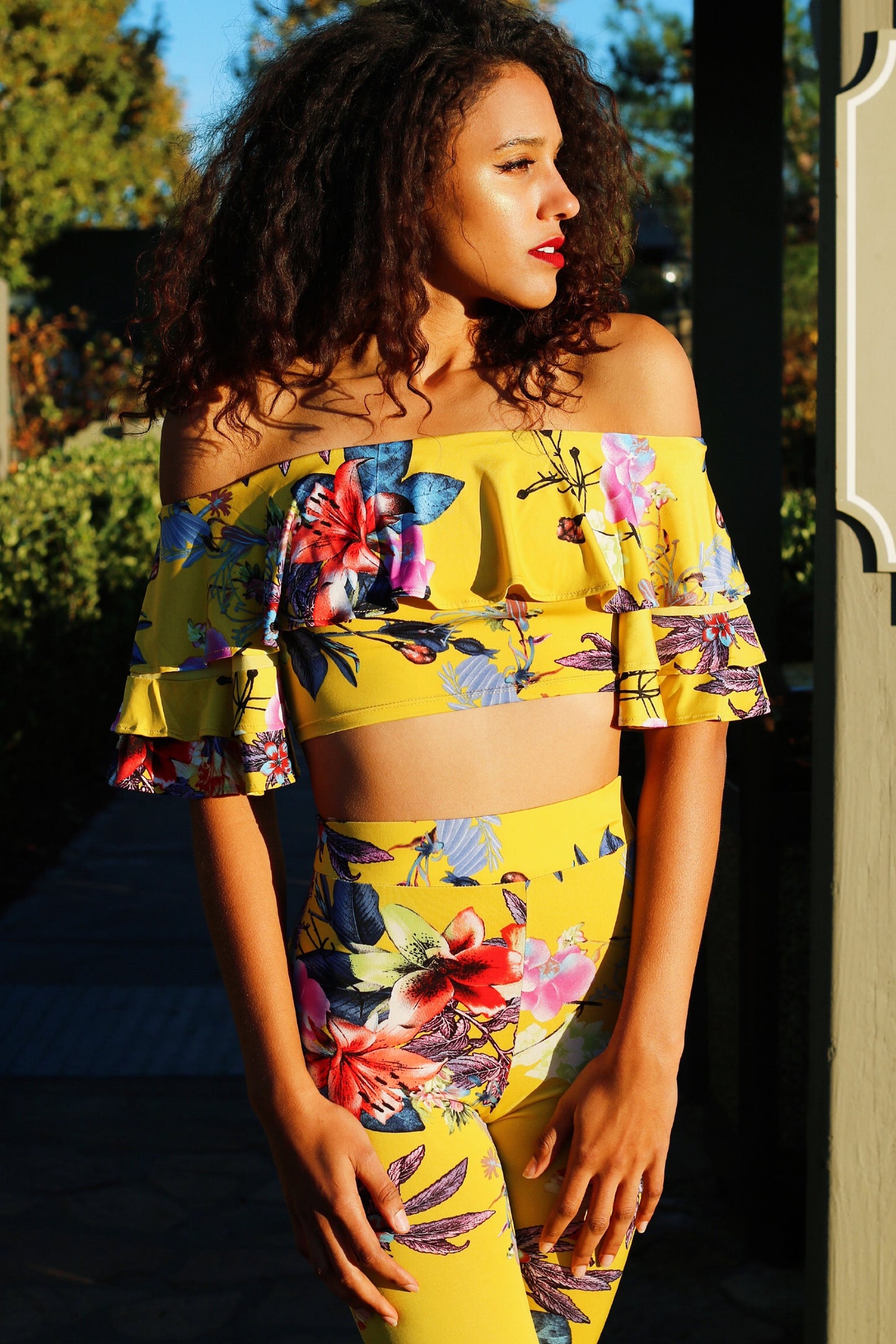 Yellow Top And Pants Set: In Bloom Ruffle Top Floral Pattern