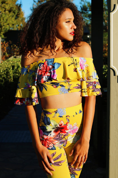 Yellow Top And Pants Set: In Bloom Ruffle Top Floral Pattern