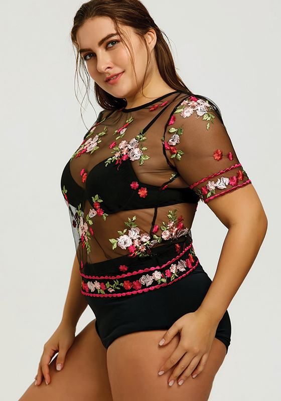 Plus Size Mesh Floral Embroidered Cover Up