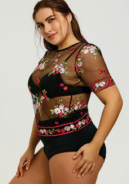Plus Size Mesh Floral Embroidered Cover Up