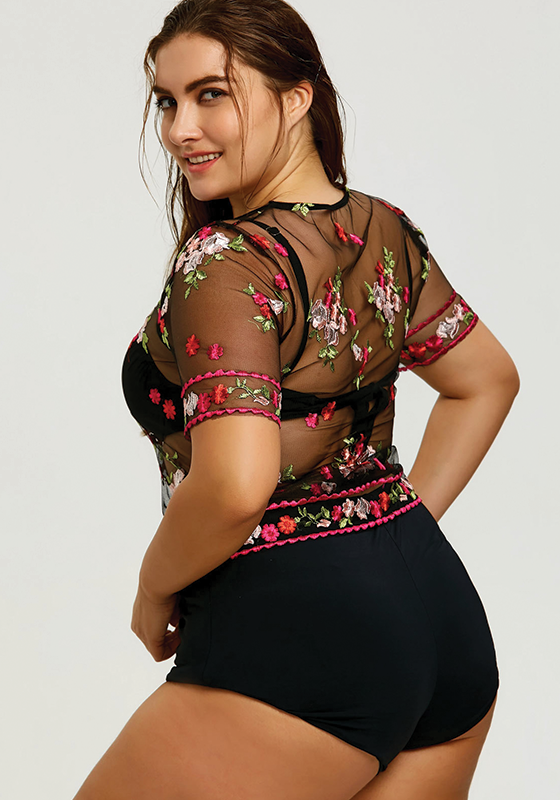 Plus Size Mesh Floral Embroidered Cover Up