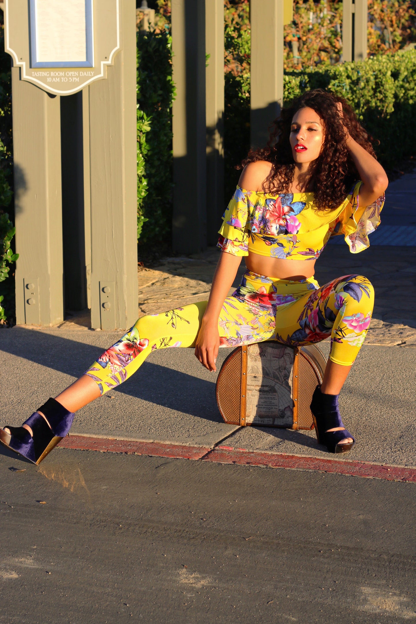 Yellow Top And Pants Set: In Bloom Ruffle Top Floral Pattern