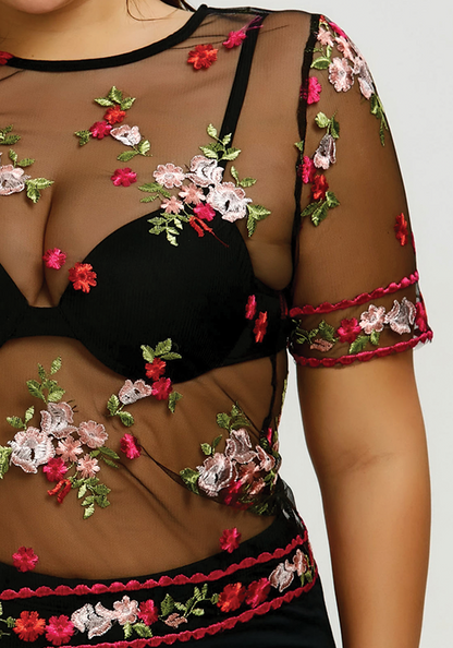 Plus Size Mesh Floral Embroidered Cover Up
