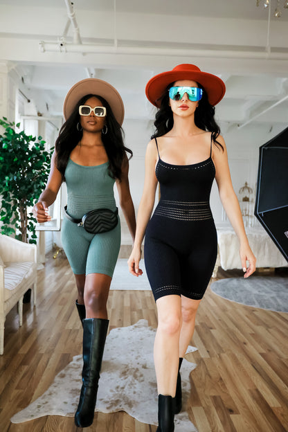 Bold Moves Round Neck Seamless Ribbed Romper in Black