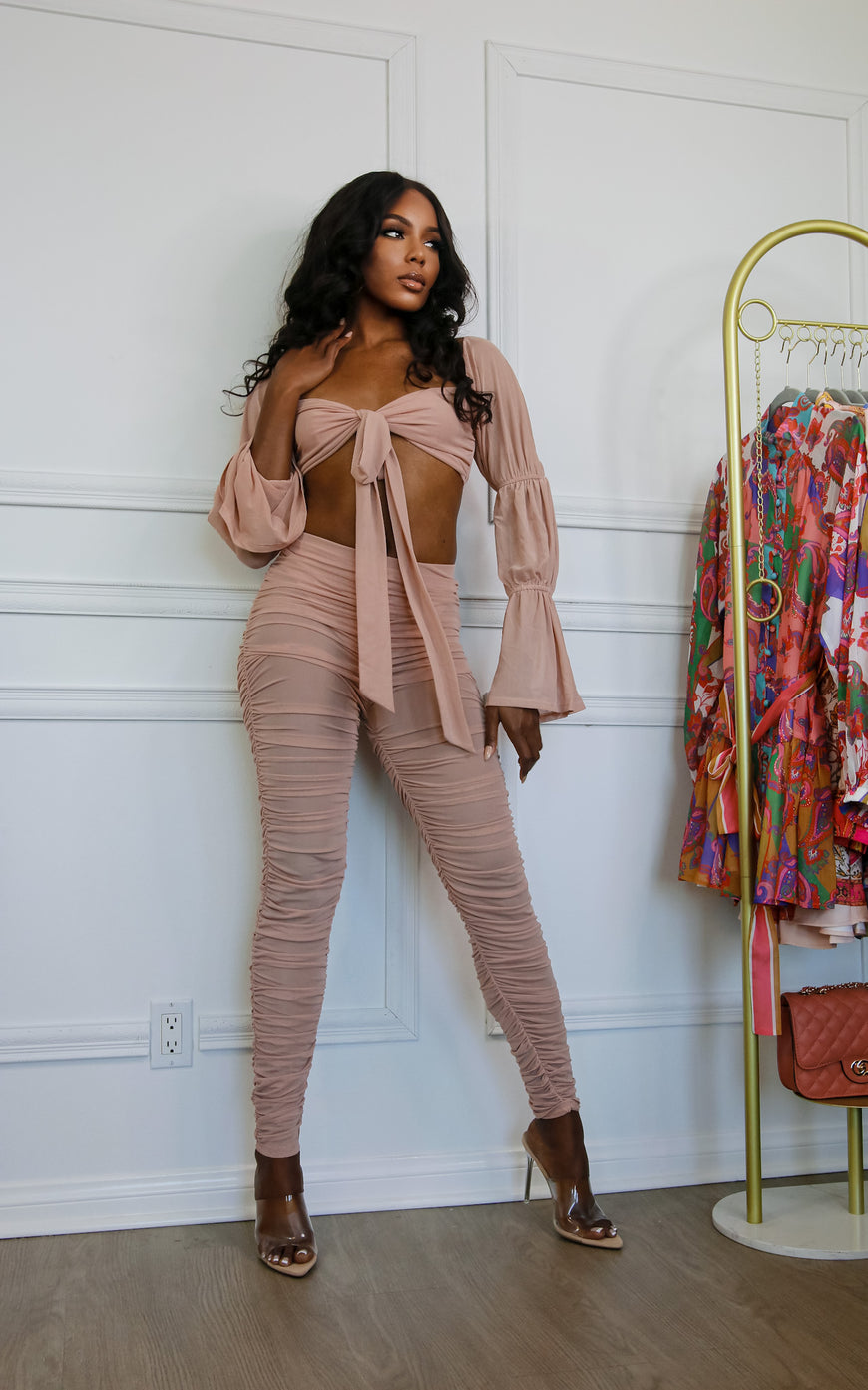 Beautiful Chaos Off Shoulder Blush Tie Front Crop & Ruched Pant Sets