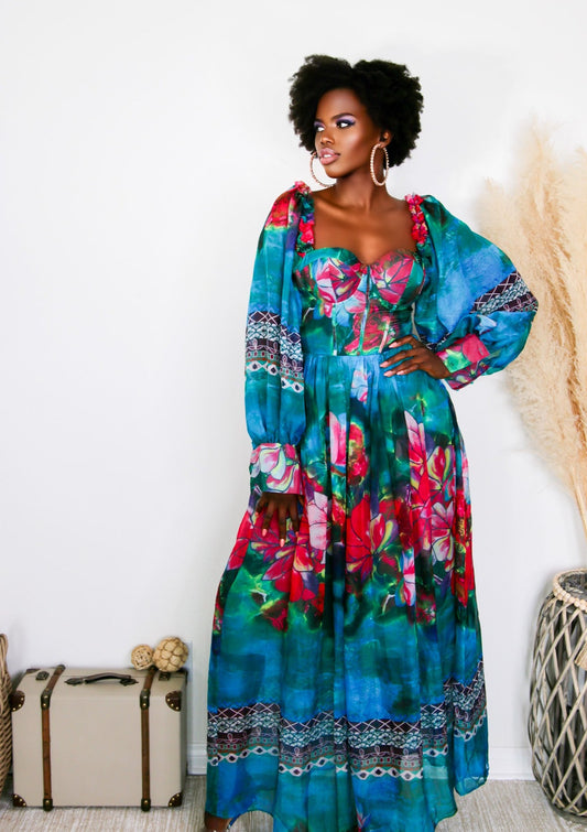Full Length Floral Dress: Pretty Senorita Emerald Pattern