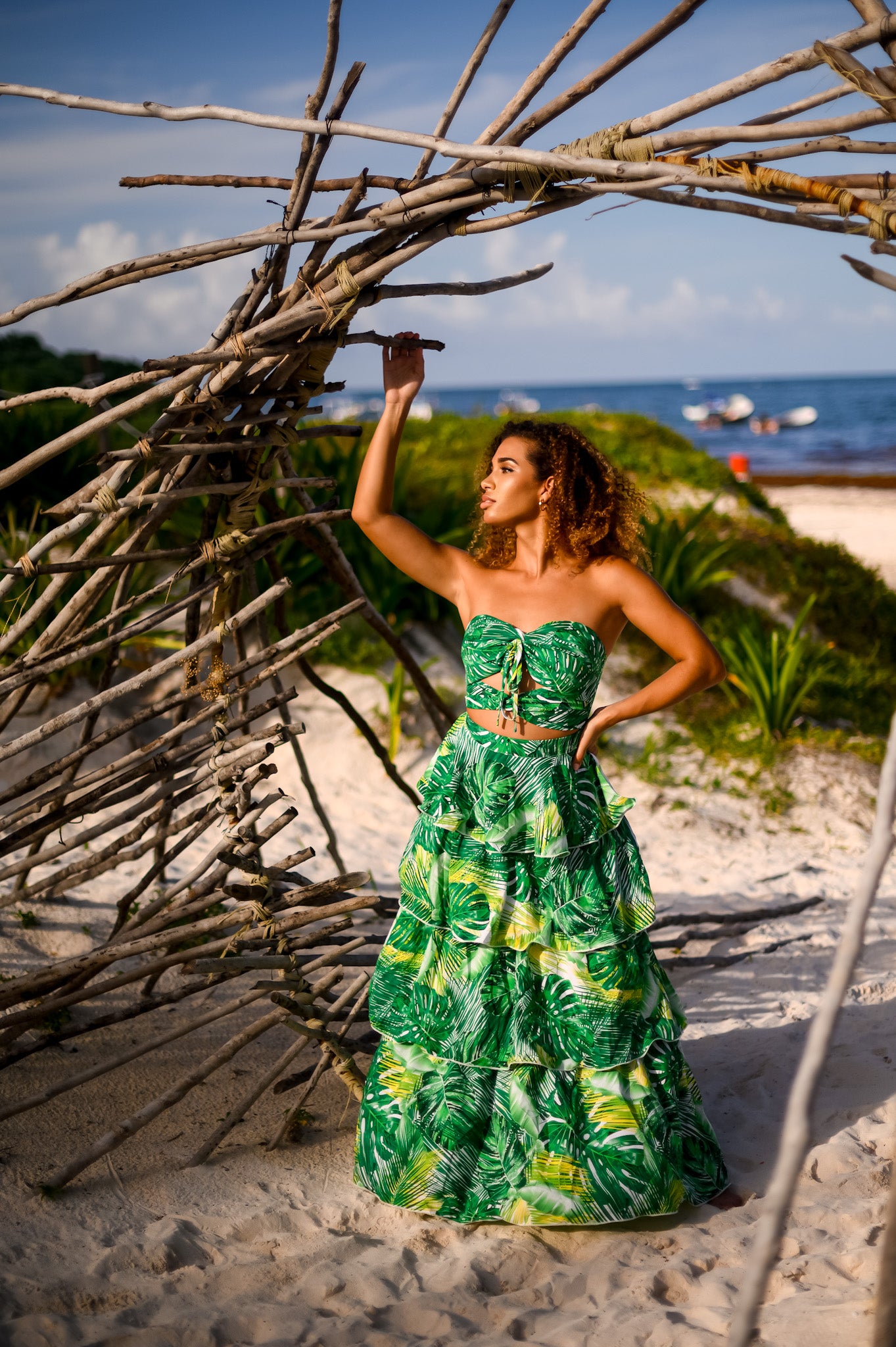 Halter Neck Maxi Dress Set: Tropical Breeze with Ruffle Skirt