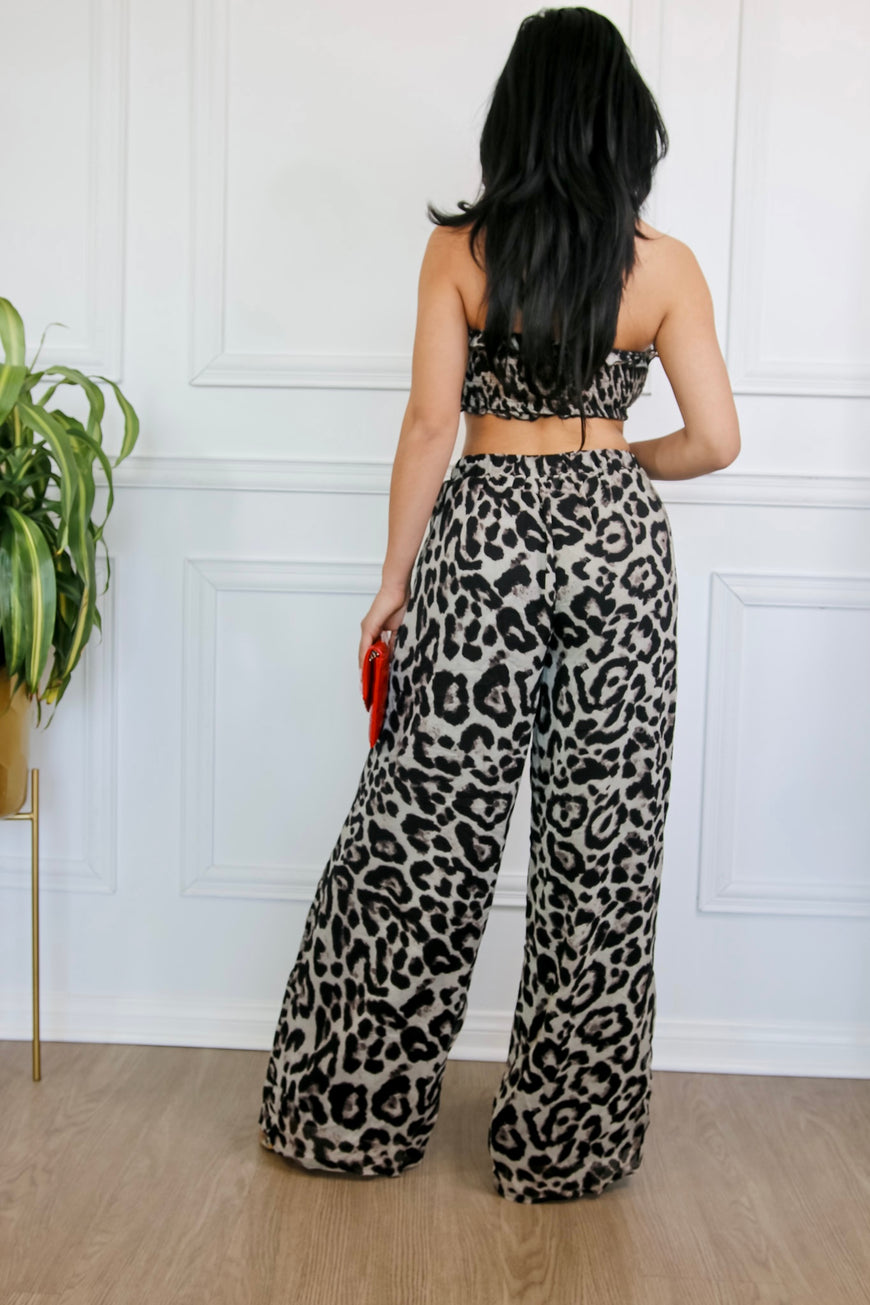 Into The Wild Animal Print Sleeveless Tie Crop Wide Leg Pant Set