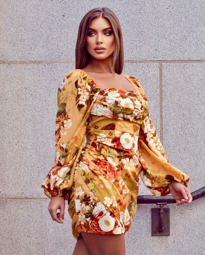 Ruched Mini Dress: La Jolie Fleur Floral Print with Long Sleeves