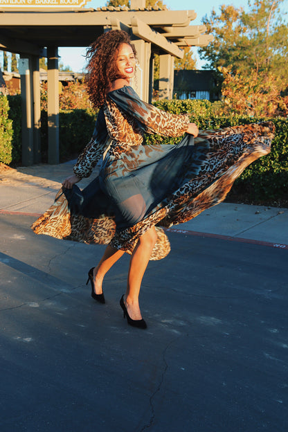 Off The Shoulder Leopard Print Dress with Long Sleeves: Run Wild