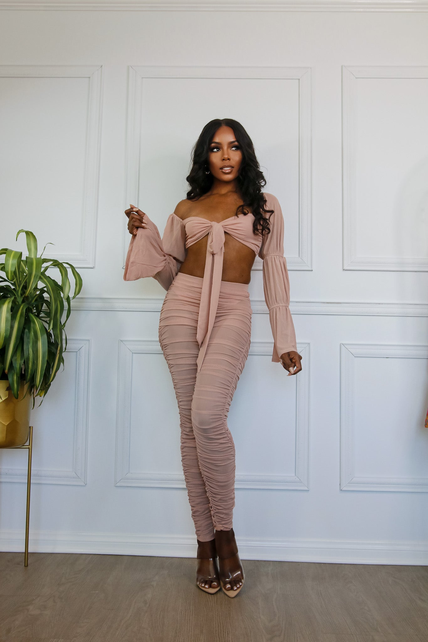 Crop Top & Pants Set: Beautiful Chaos Off Shoulder Tie Front in Pink