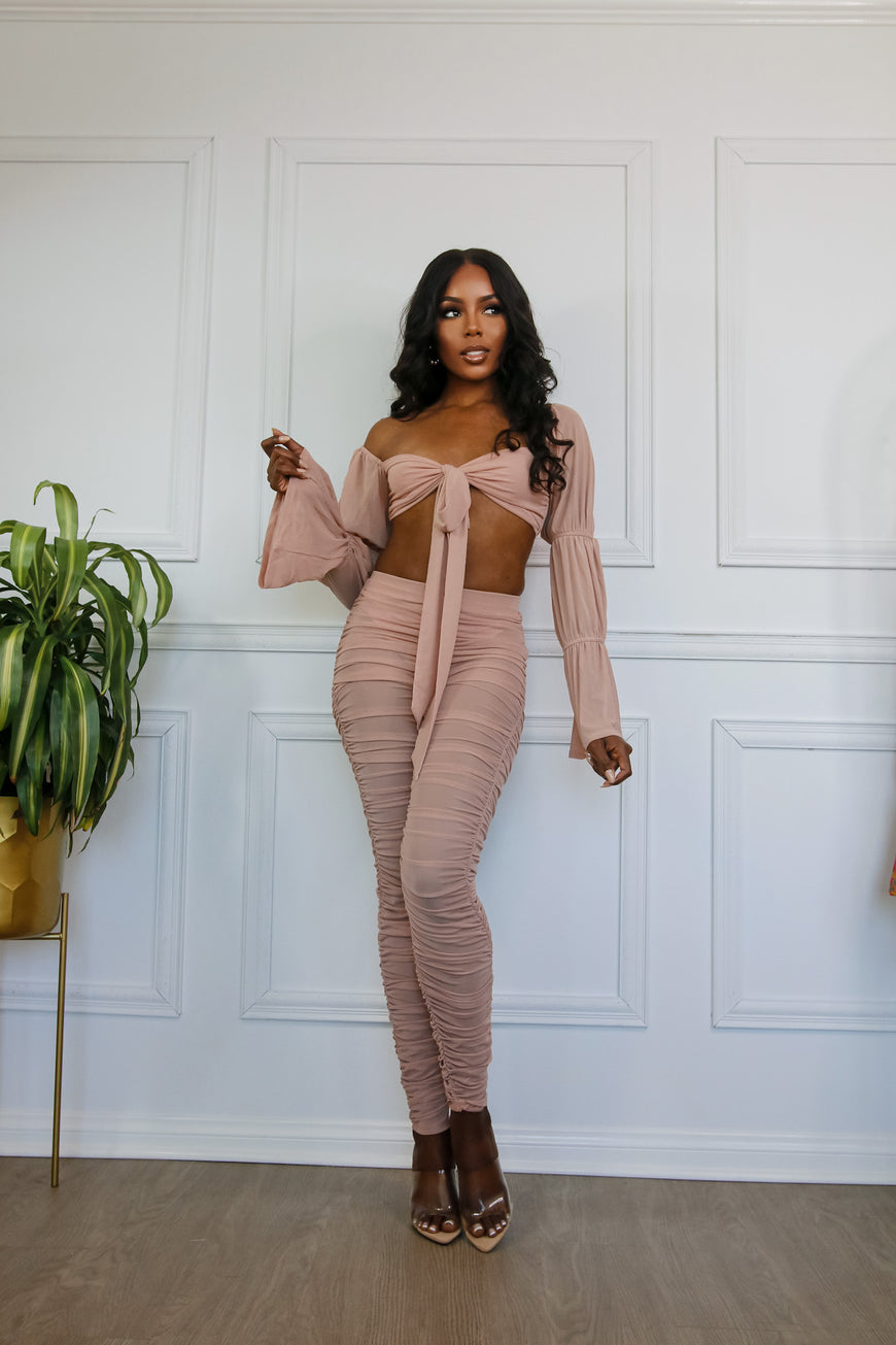 Beautiful Chaos Off Shoulder Blush Tie Front Crop & Ruched Pant Sets