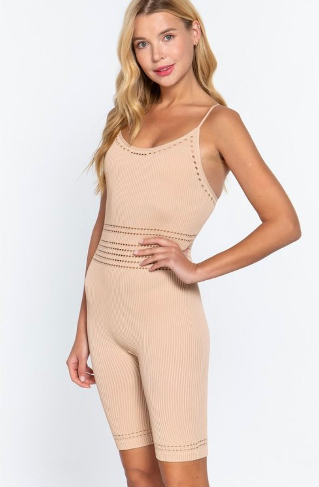 Round Neck Romper: Bold Vibes Seamless Ribbed in Beige