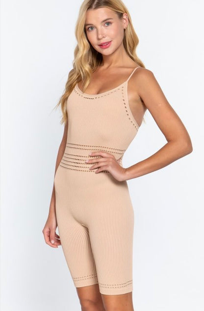 Round Neck Romper: Bold Vibes Seamless Ribbed in Beige