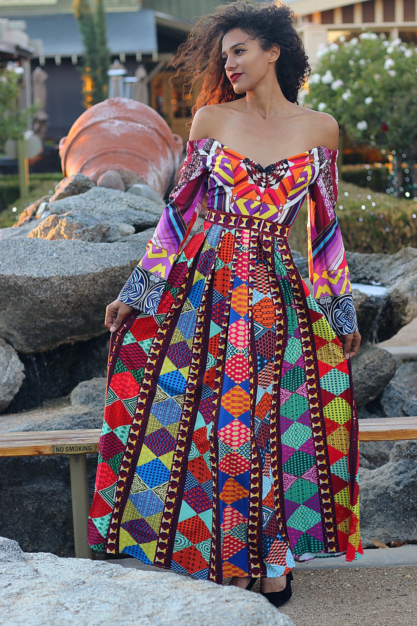 African Print Off Shoulder Dress: Soleil Brilliant Long Sleeve