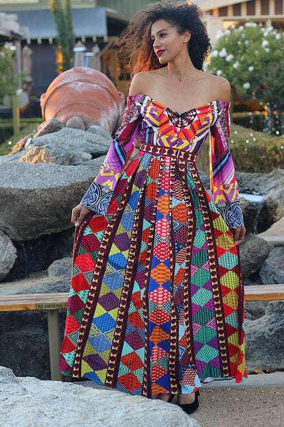 African Print Off Shoulder Dress: Soleil Brilliant Long Sleeve