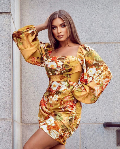 Ruched Mini Dress: La Jolie Fleur Floral Print with Long Sleeves